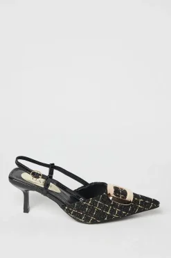 Viola Woven Metal Brooch Detail Kitten Heel Slingback Court Shoes