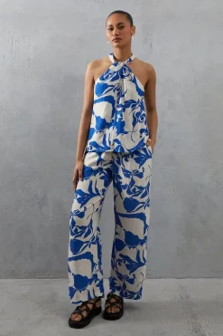 Viscose Blue Floral Nylon Twist Halter Neck Top