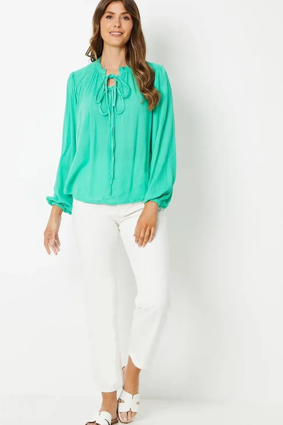 Viscose Crinkle Shirred Insert Tie Blouse