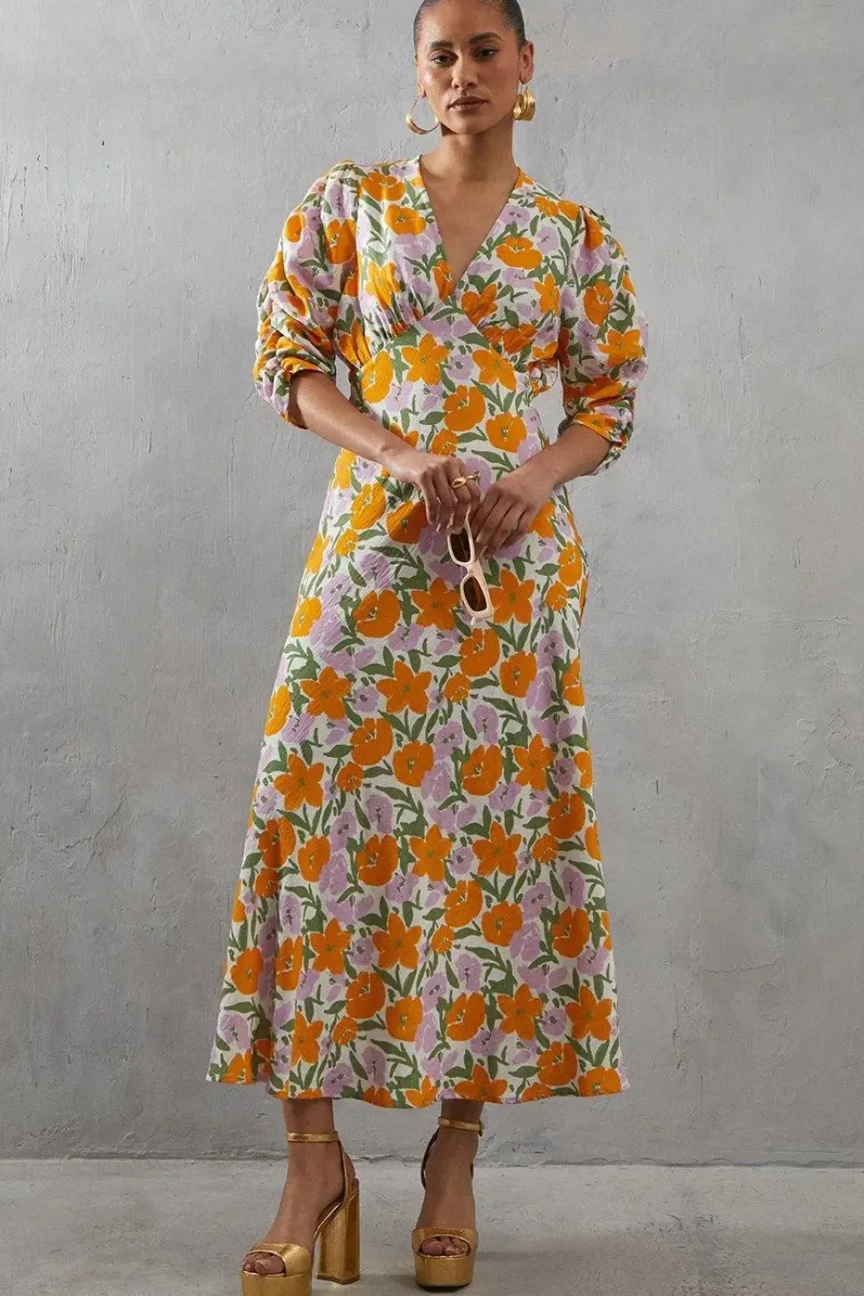 Viscose Floral V Neck Puff Sleeve Midi