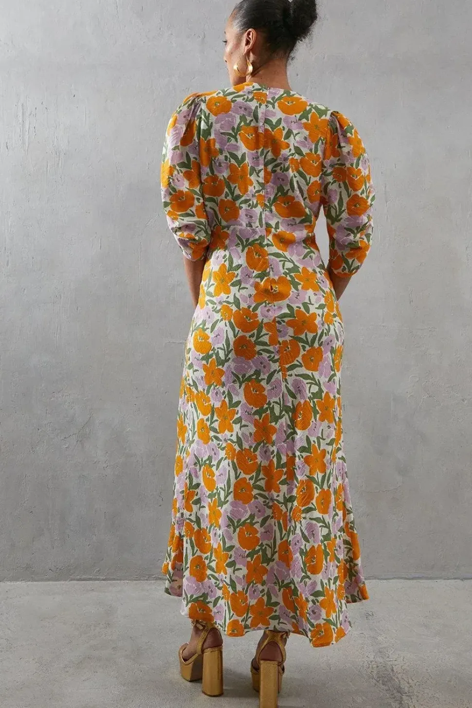 Viscose Floral V Neck Puff Sleeve Midi
