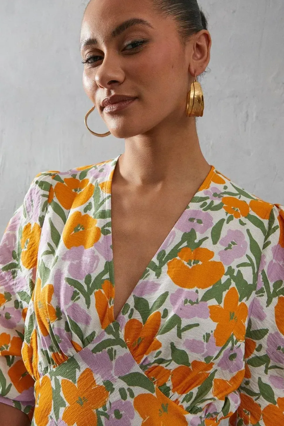 Viscose Floral V Neck Puff Sleeve Midi