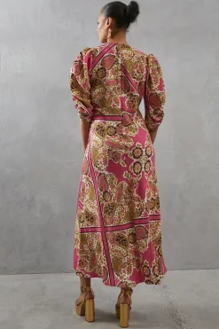 Viscose Paisley V Neck Puff Sleeve Midi