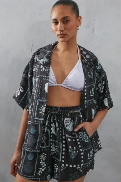 Viscose Postcard Print Nylon Boxy Shirt