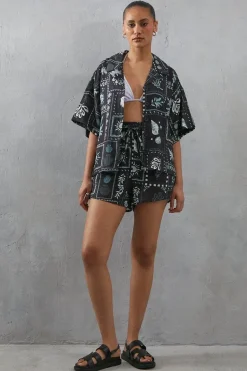Viscose Postcard Print Nylon Boxy Shirt