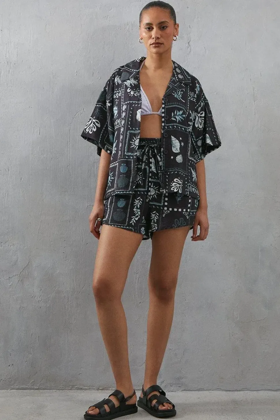 Viscose Postcard Print Nylon Boxy Shirt