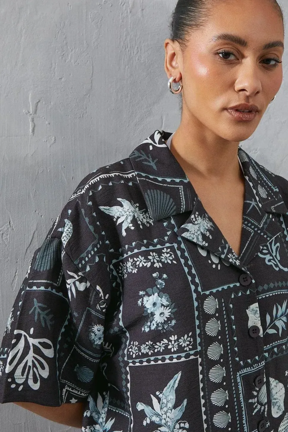 Viscose Postcard Print Nylon Boxy Shirt