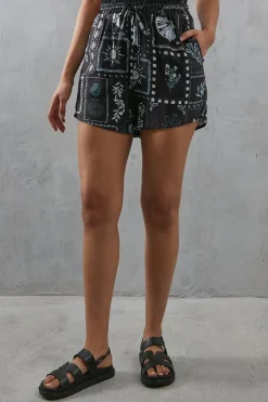 Viscose Postcard Print Nylon Drawstring Waist Short