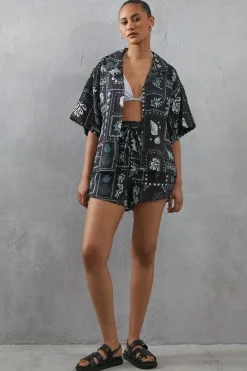 Viscose Postcard Print Nylon Drawstring Waist Short