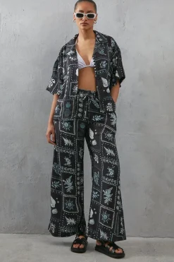 Viscose Postcard Print Nylon Wide Leg Trouser