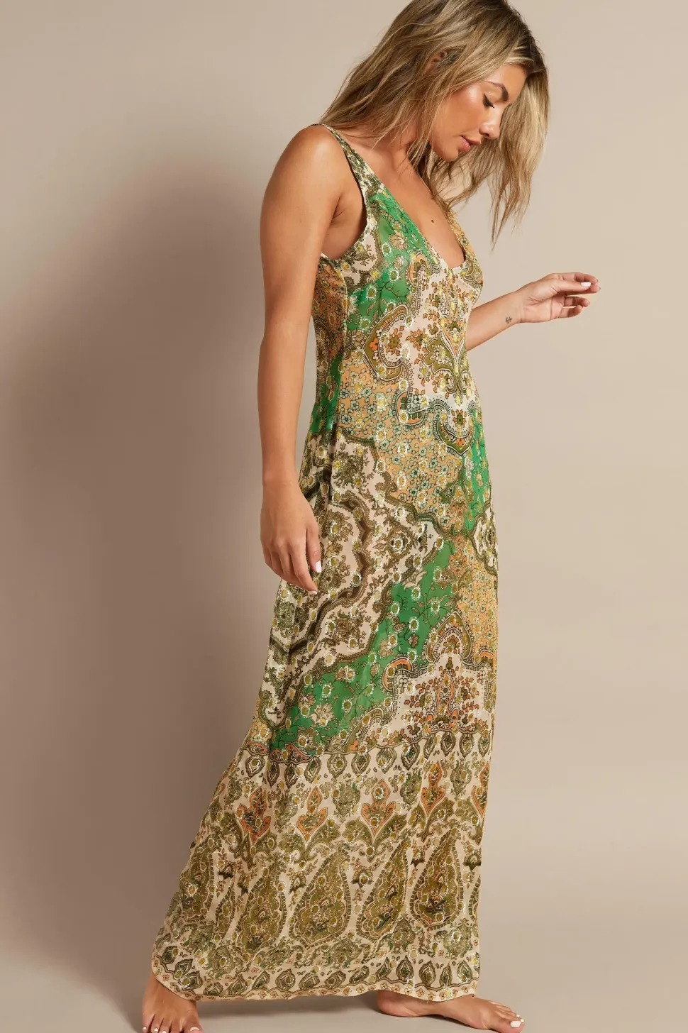 Viscose Tile Border Print Glitter Maxi Beach Dress