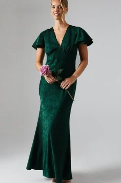 V Neck Angel Sleeve Satin Jacquard Bridesmaids Dress