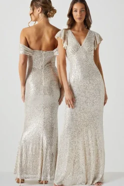 V Neck Angel Sleeve Sequin Maxi Bridesmaids Dress