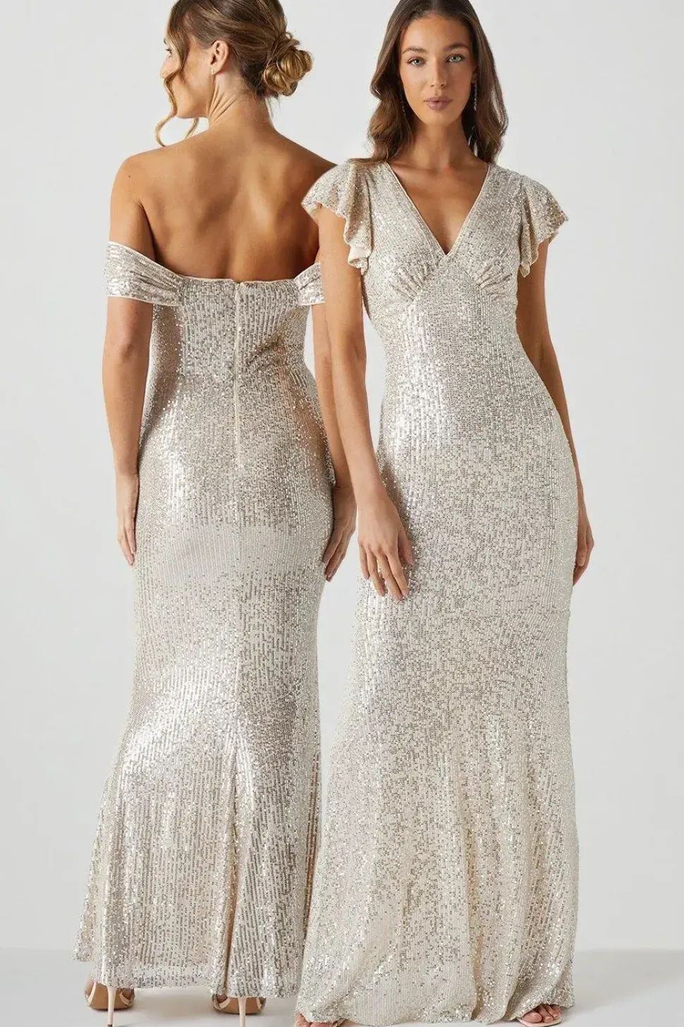 V Neck Angel Sleeve Sequin Maxi Bridesmaids Dress