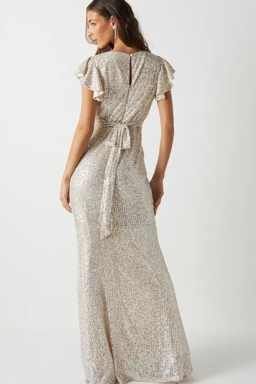 V Neck Angel Sleeve Sequin Maxi Bridesmaids Dress