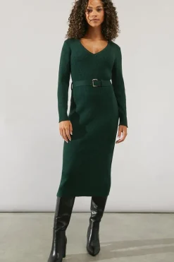V Neck Belted Knitted Midi Dress
