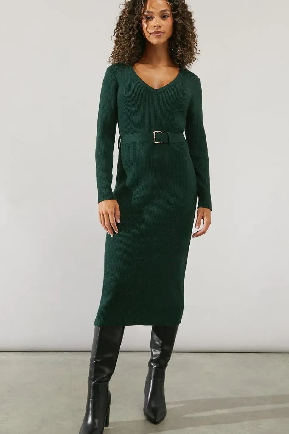 V Neck Belted Knitted Midi Dress