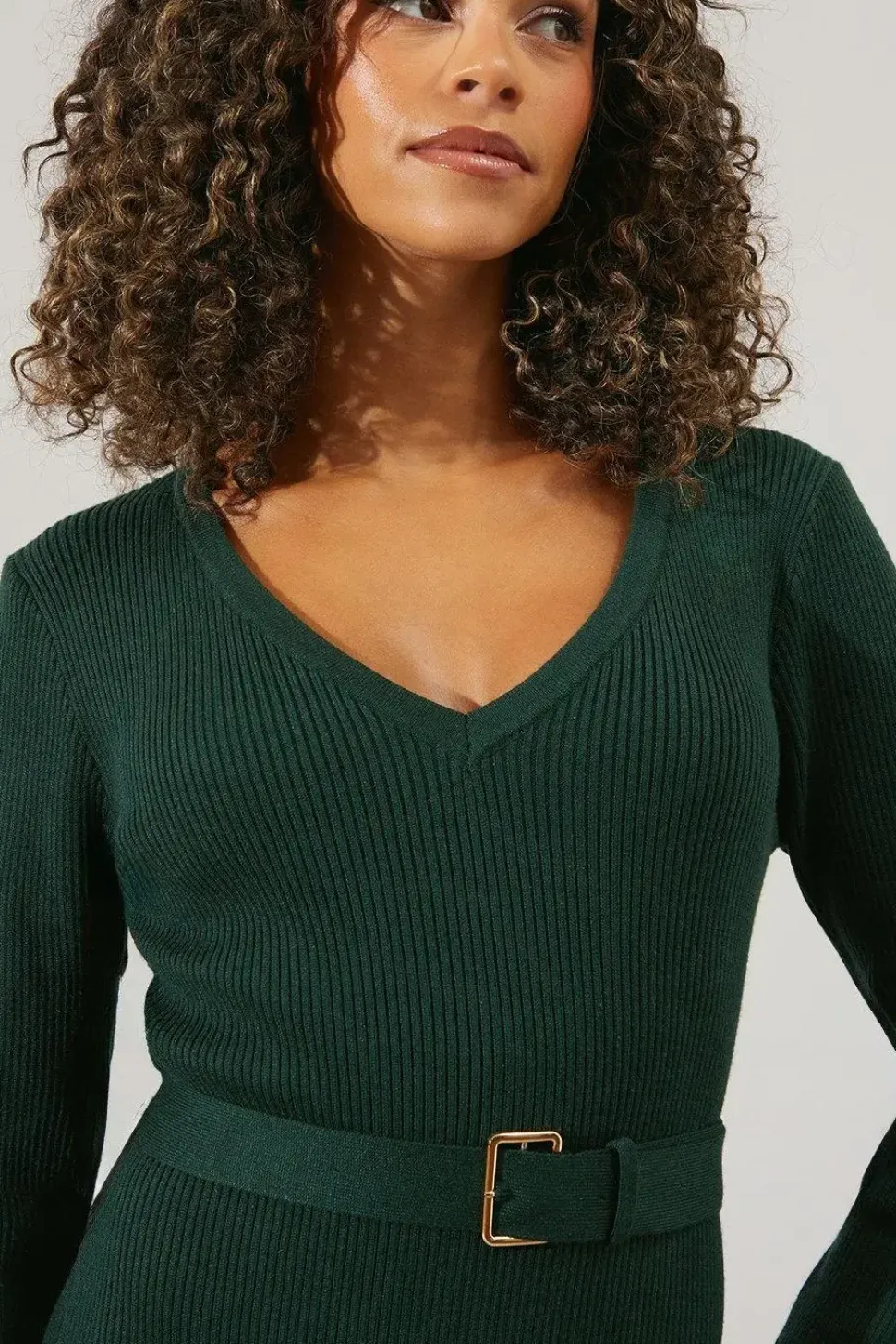 V Neck Belted Knitted Midi Dress