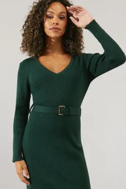V Neck Belted Knitted Midi Dress