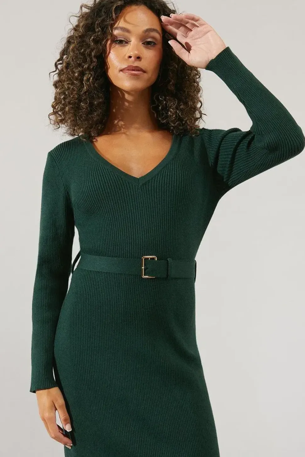 V Neck Belted Knitted Midi Dress