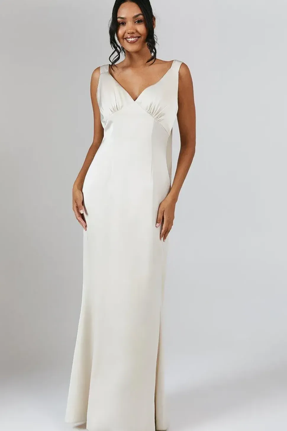 V Neck Bow Detail Satin Bridesmaid Dress