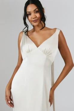 V Neck Bow Detail Satin Bridesmaid Dress