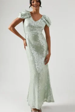 V Neck Draped Shoulder Sequin Bridesmaid Dress