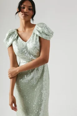 V Neck Draped Shoulder Sequin Bridesmaid Dress