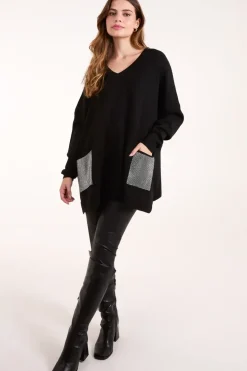 V Neck Embellished Pocket Jumper
