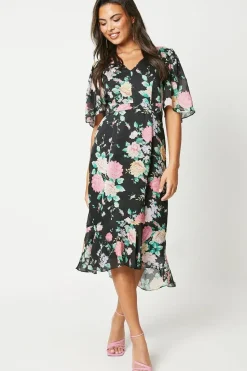 V Neck Fluted Hem Dress