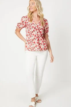 V Neck Gathered Tie Sleeve Blouse