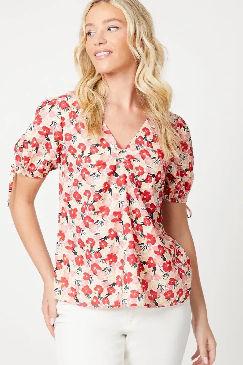 V Neck Gathered Tie Sleeve Blouse