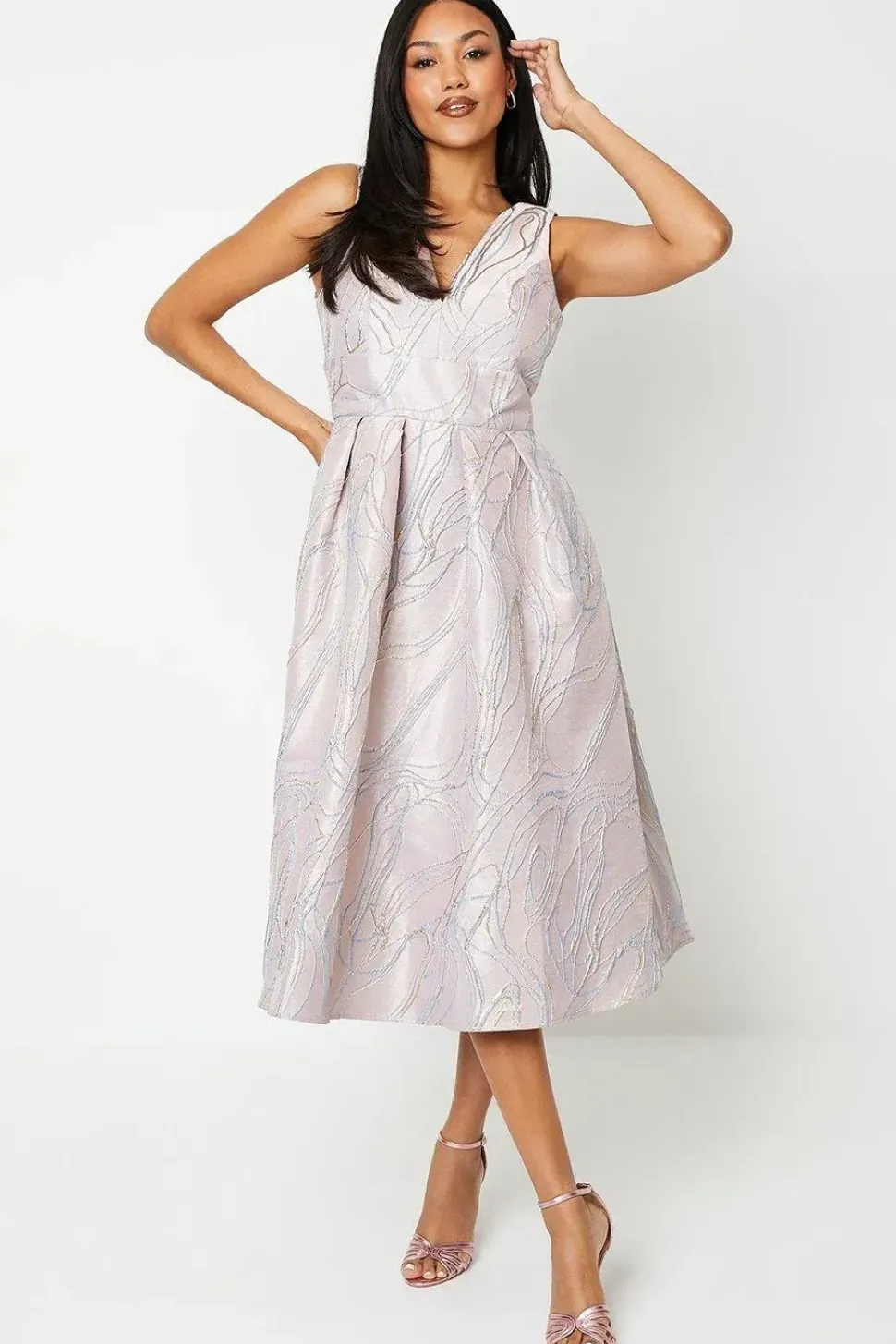 V Neck Jacquard Midi Dress