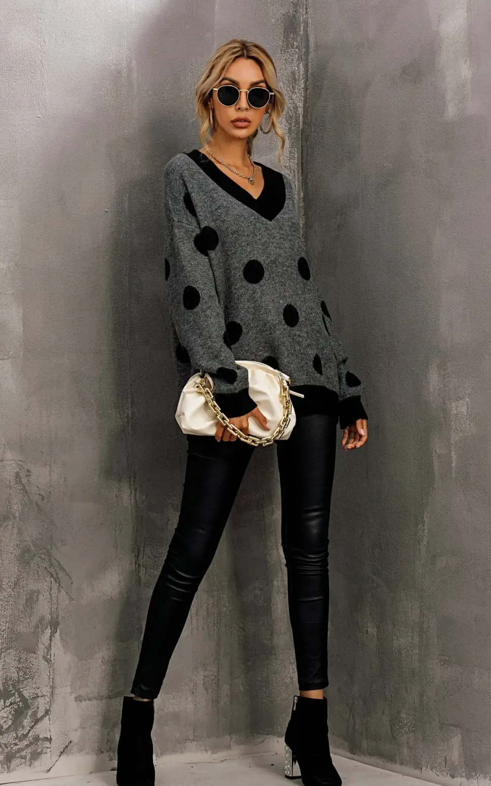 V Neck Jumper In Charcoal Grey & Black Polka Dot Print