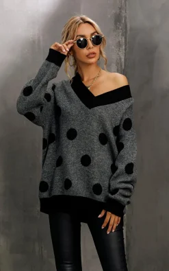 V Neck Jumper In Charcoal Grey & Black Polka Dot Print