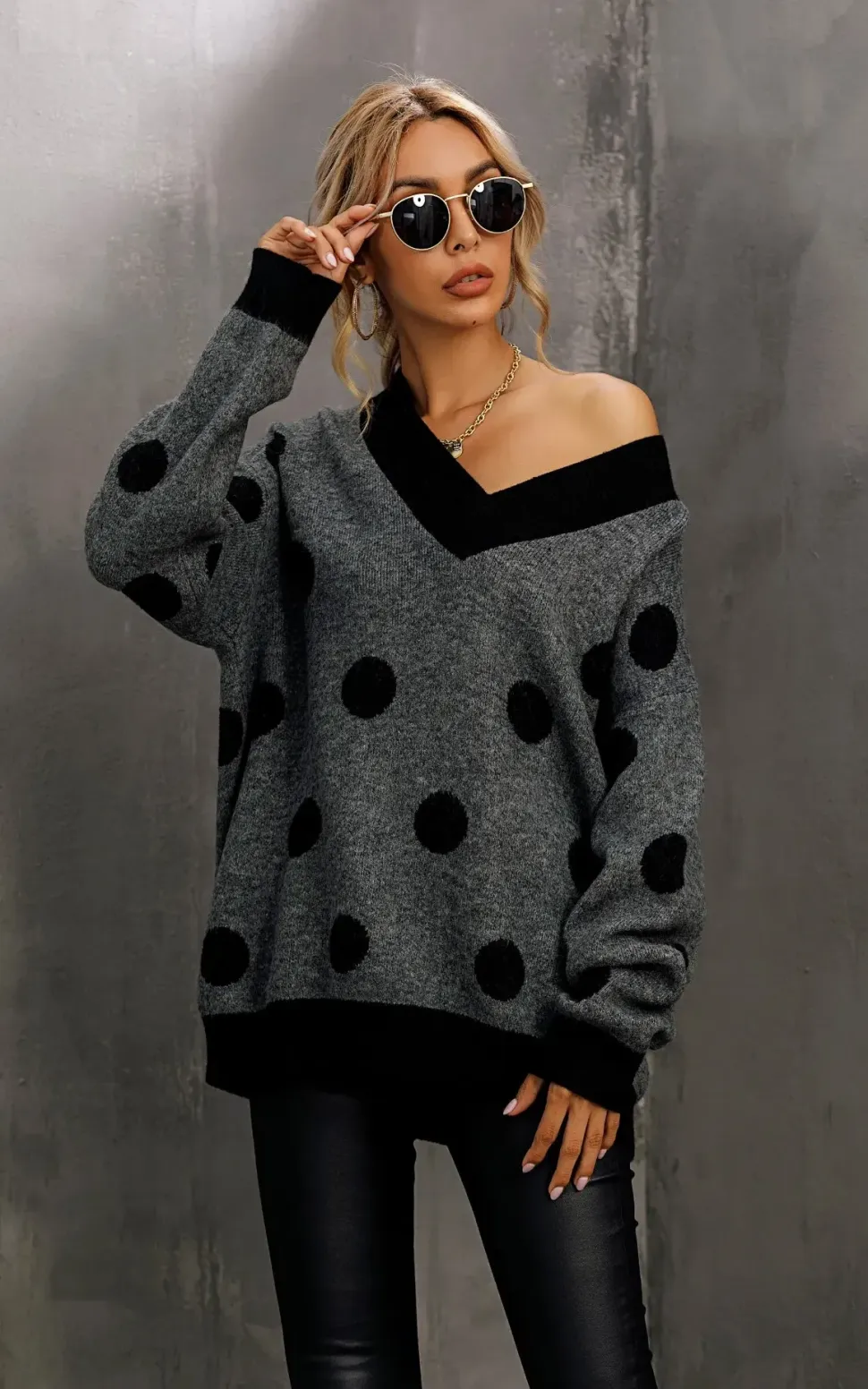 V Neck Jumper In Charcoal Grey & Black Polka Dot Print