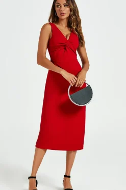 V Neck Knot Front Midi Dress In Red