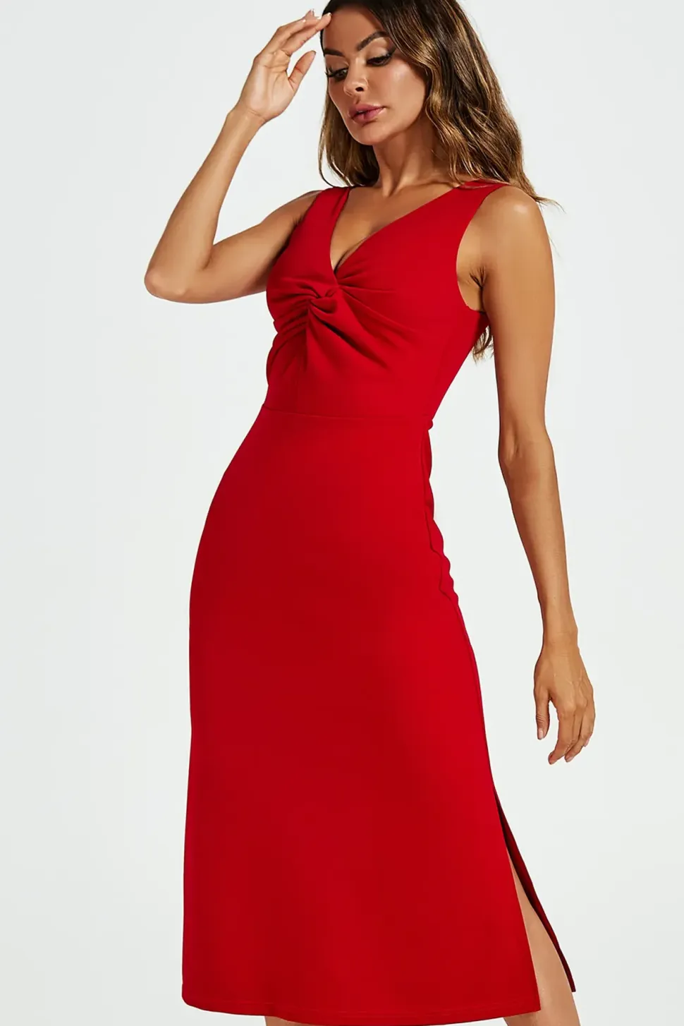 V Neck Knot Front Midi Dress In Red