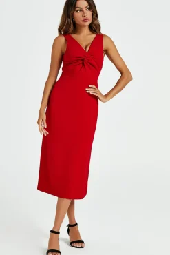 V Neck Knot Front Midi Dress In Red