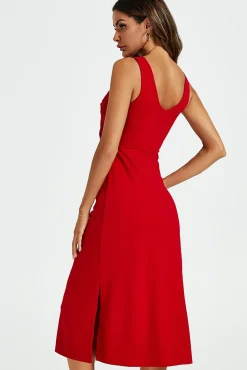 V Neck Knot Front Midi Dress In Red