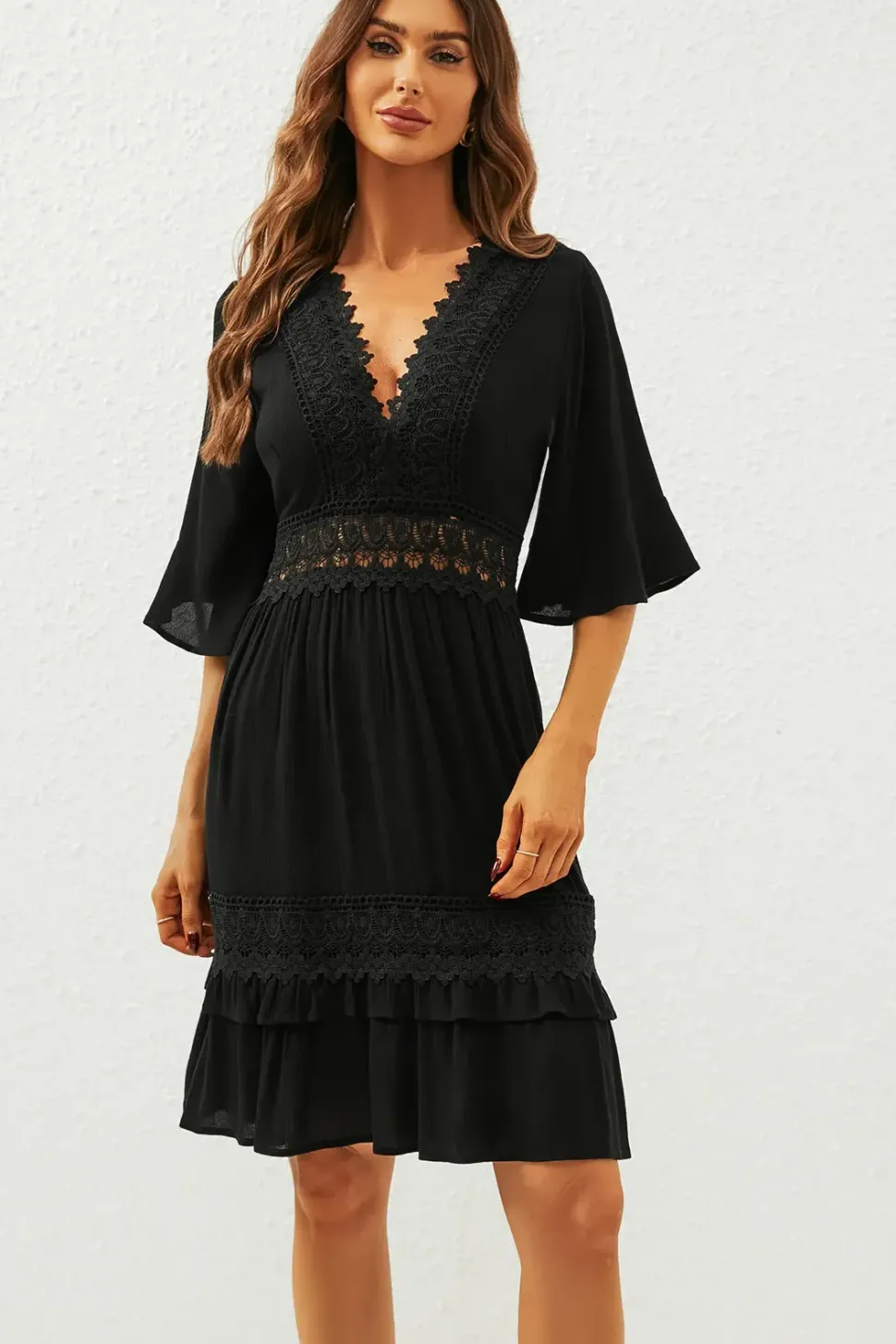 V Neck Lace Mini Dress In Black