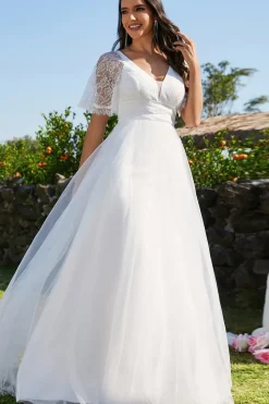 V-Neck Lace Tulle Wedding Dresses with Ruffled Sleeves