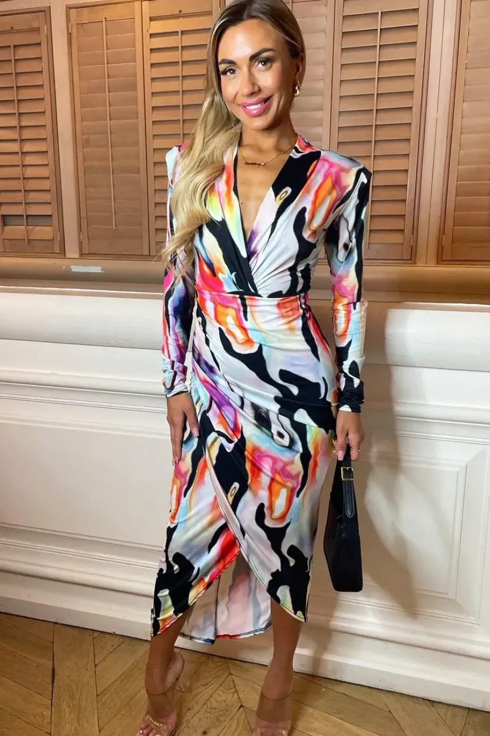 V-Neck Long Sleeve Bodycon Midi Dress