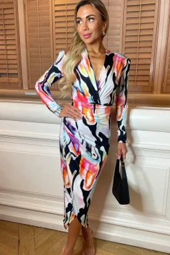 V-Neck Long Sleeve Bodycon Midi Dress