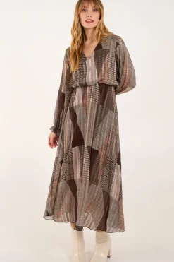 V Neck Metallic Patchwork Print Dress