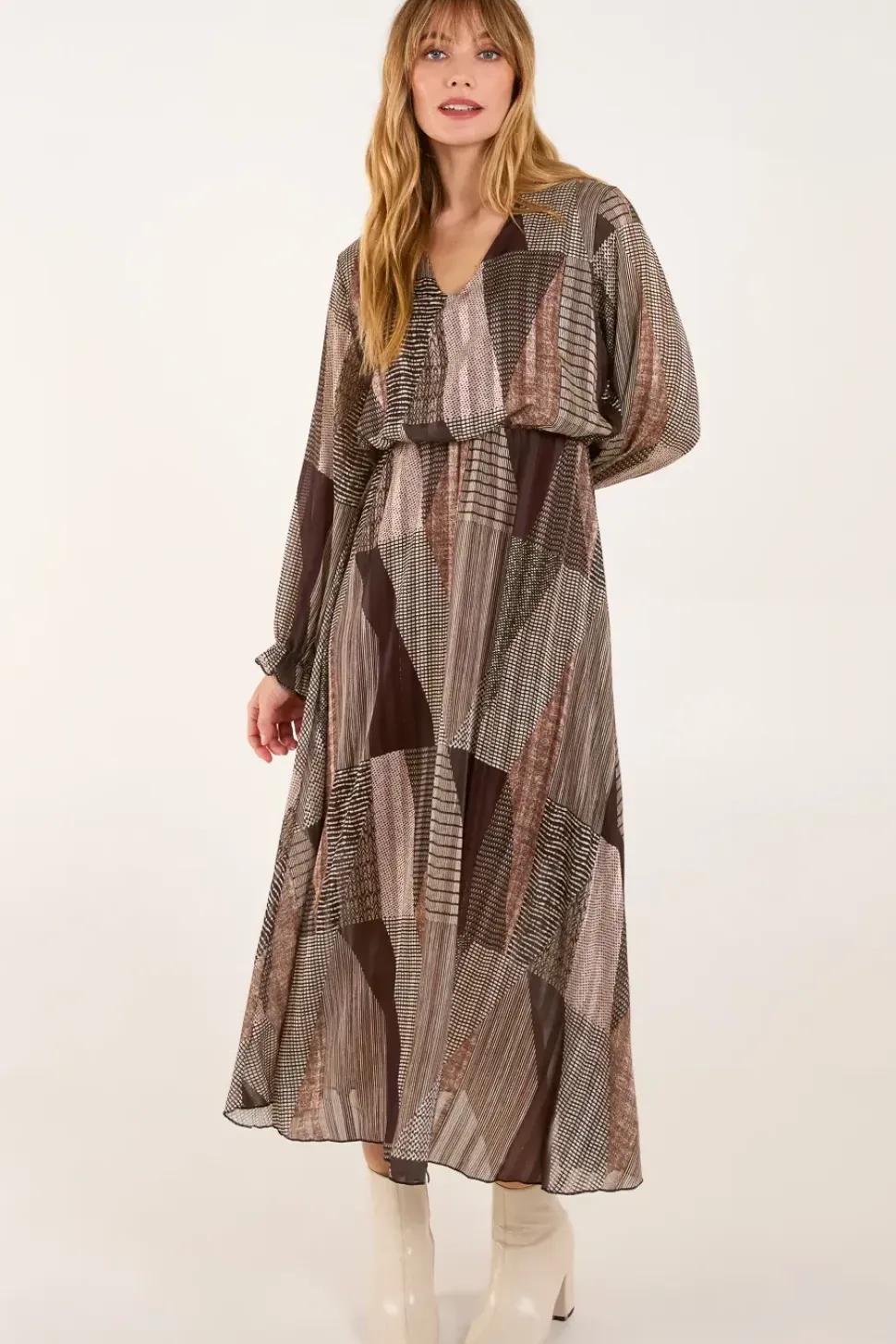 V Neck Metallic Patchwork Print Dress