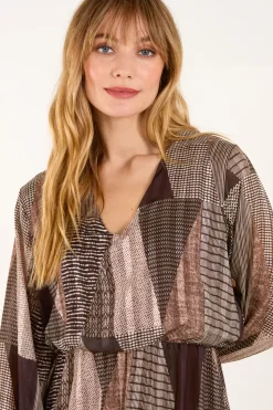 V Neck Metallic Patchwork Print Dress