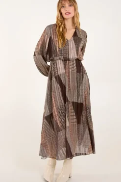 V Neck Metallic Patchwork Print Dress