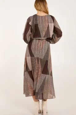 V Neck Metallic Patchwork Print Dress