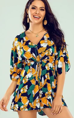 V Neck Playsuit In Navy & Green & Yellow